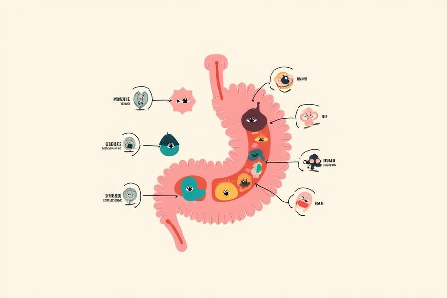 Infografica che illustra le funzioni essenziali del microbioma: digestione, produzione vitamine, regolazione sistema immunitario, comunicazione con il cervello.