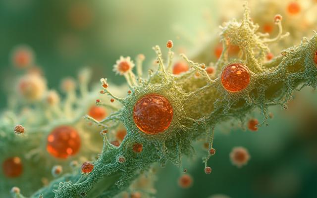 Immagine artistica o scientifica stilizzata del microbioma intestinale, con elementi che richiamano la complessità e l'importanza per la salute, senza essere macabra.